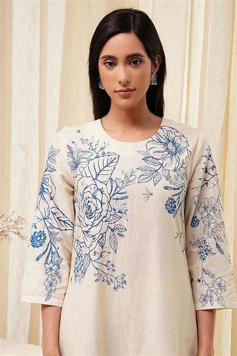 Buy Off-White and Blue Cotton Straight Suit Set Online at Biba India