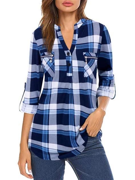 Buy Siddhe Blue Checkered Shirt, Womens Tops 3/4 Sleeve Loose Fit V ...