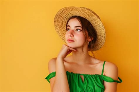 Green dress straw hat woman | Premium AI-generated image