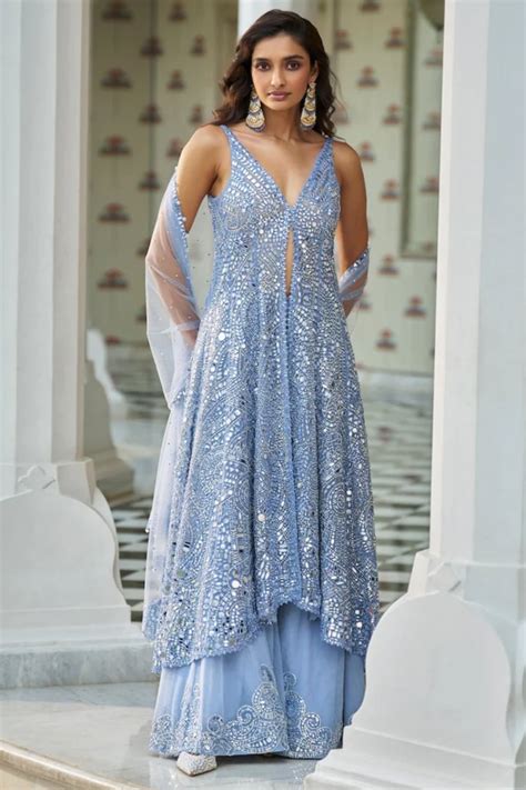Blue Mirror Work Jacket Sharara Set – iSelect Collection