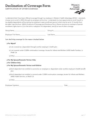 Fillable Online WHA Declination of Coverage Form Fax Email Print ...