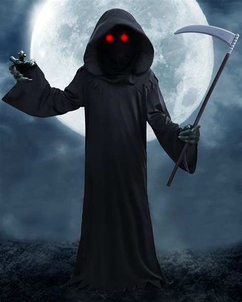 Buy Grim-Reaper Halloween Costume with Glowing Red Eyes and Scythe ...