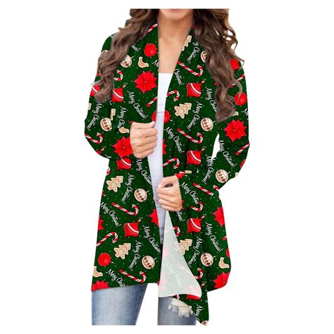 Lenago Women's Christmas Cardigan Santa Claus Print Cardigan Long ...