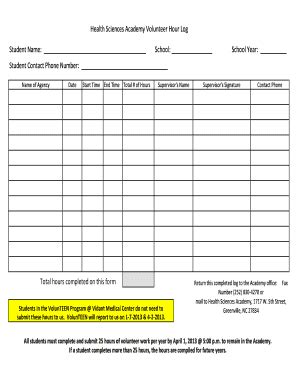 Health Sciences Academy Volunteer Hour Log Student Name: School: School ...