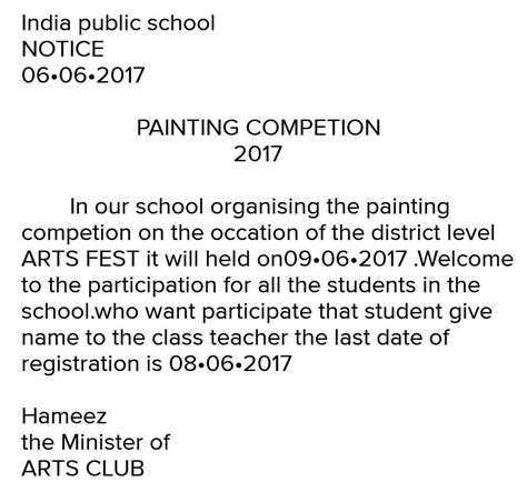Draft a notice to inform students and parents about “Arts Fest” of your ...
