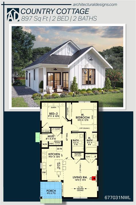Plan 677031NWL: 2-Bed Country Cottage House Plan - 897 Sq Ft | Small ...