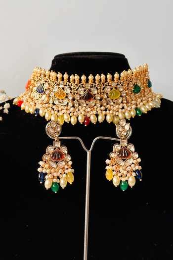 Buy Gold Plated Pearls, Beads, Stones Crown Jewel Studded Choker ...