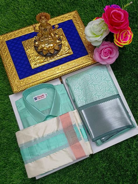 Semi Silk Saree & Cream Color Men's Dhoti Set - Couple Combo – www ...