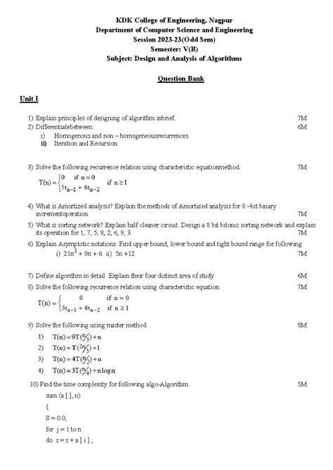 Design & Analysis of Algorithms Question Bank - CSE V Sem (2023) - Studocu