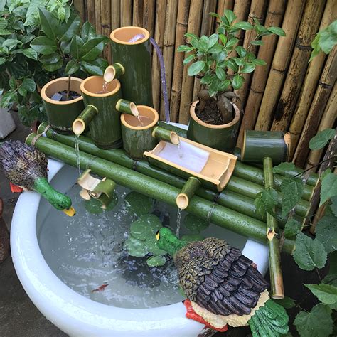 竹子流水器陶瓷魚缸石槽魚池裝飾擺飾竹子過濾器假山流水循環系統
