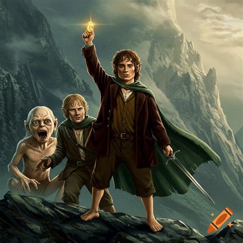 Frodo Baggins on Mount Doom holding the One Ring with Samwise Gamgee ...