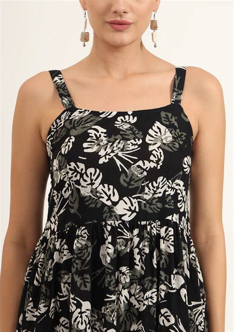 Black Floral Print Pure Cotton Fit & Flare Dress