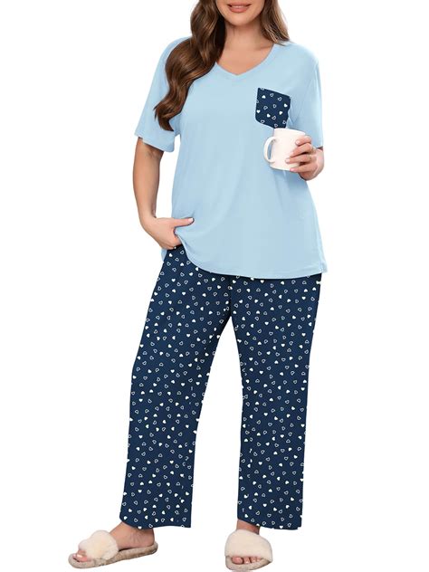 SHOWMALL Women's Plus Size Pajama Set Navy Blue Heart Print 3X 2 Piece ...
