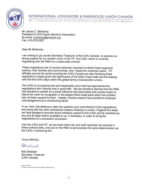 Letter to Pacific Maritime Association – ILWU Canada