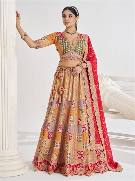 Multi-colour patchwork lehenga choli with mirror, zari & gota embroide ...