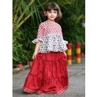 Red White Hand Block Printed Cotton Kurta with Pathani Salwar - Set of 2