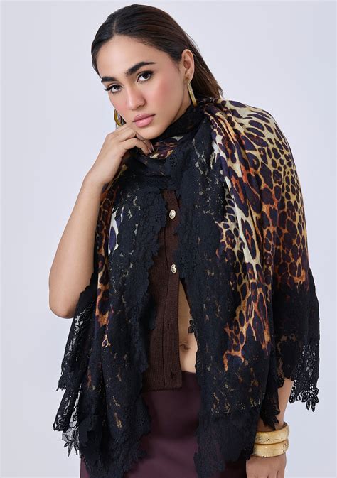 Black Leopard Print Wool & Silk Scarf Black Lace