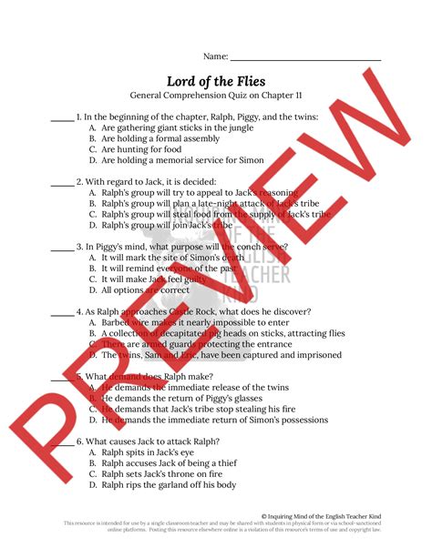 Lord of the Flies Chapter 11 Quiz and Answer Key | Teaching Resources