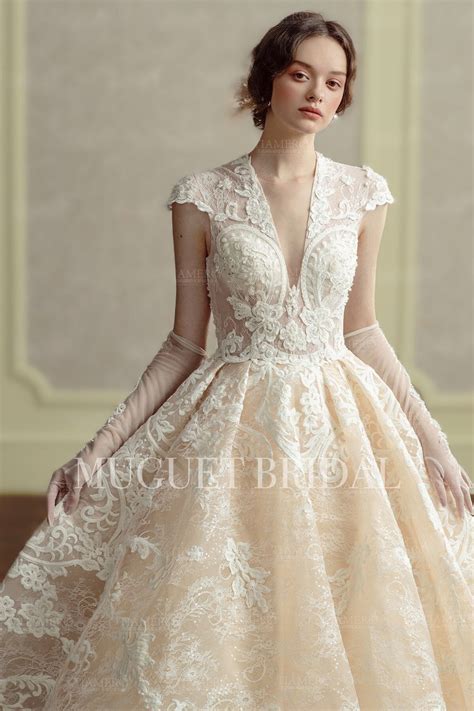 Champagne Deep V Lace Wedding Dress Short Sleeve Wedding - Etsy
