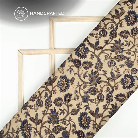 Admiral Blue And Beige Floral Kalamkari Cotton Fabric – Fabcurate