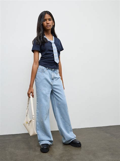 Buy Y&F Teen Girls Blue Embroidered High-Rise Jeans from Westside