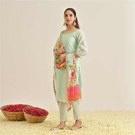 Buy Mint Festive Embroidered Kurta Set with Printed Dupatta & Round ...