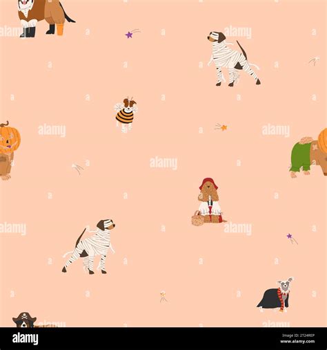 Halloween seamless pattern with dogs in cute halloween costumes. Bee ...