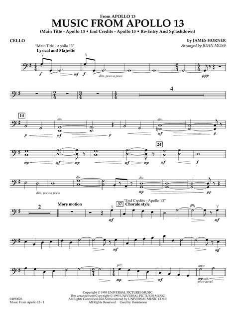 Music from Apollo 13 (arr. John Moss) - Cello by James Horner Sheet ...