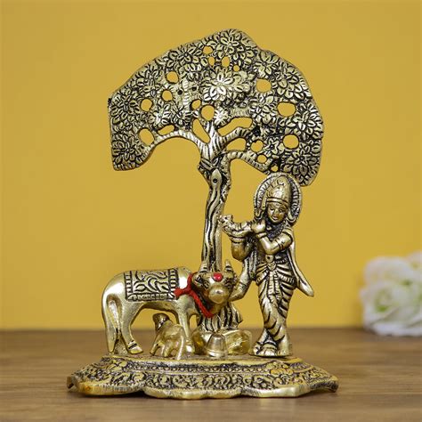 Lord Krishna Playing Flute Under Tree With Golden Cow And Calf Idol ...