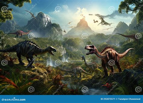 Dinosaurs in the Triassic Period Age in the Green Grass Land and Blue Sky Background, Habitat of ...