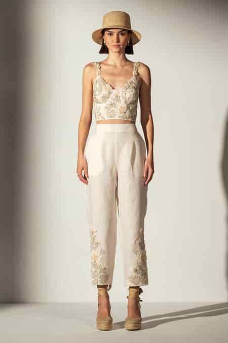 Buy Ivory Linen Blend Embroidered Floral Applique Sweetheart Sylvia ...