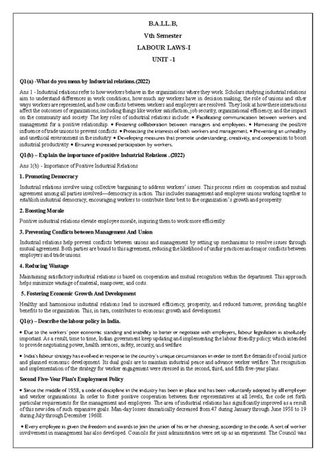 Labour LAW Notes - B.A.LL Vth Sem - Labour Laws-I UNIT 1 Summary - Studocu