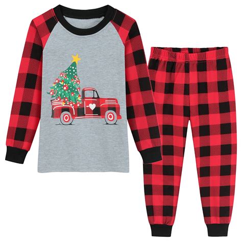 POPTEM Kids Christmas Pajamas Plaid Sleeve Holiday Sleepwear 2-Piece ...