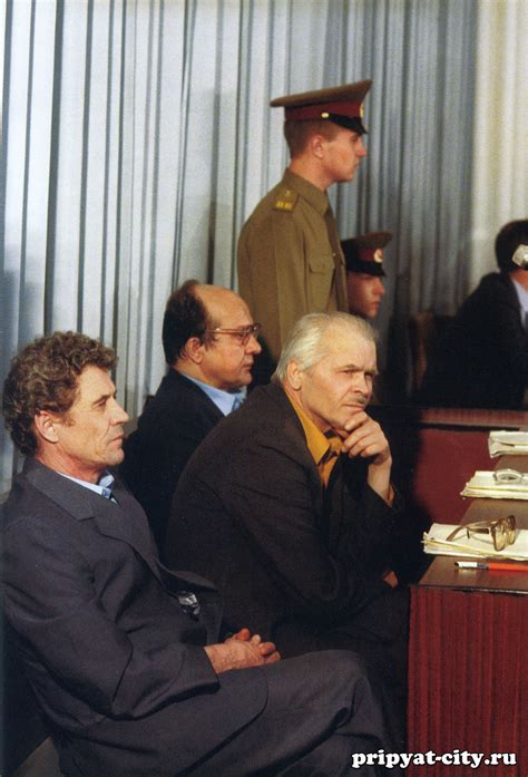 Scene from Chernobyl disaster trial, 1987. From front to back Bryukhanov (plant manager ...