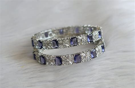 Silver tone cz purple-white block stone bangles(2.6) dj-46043 – dreamjwell