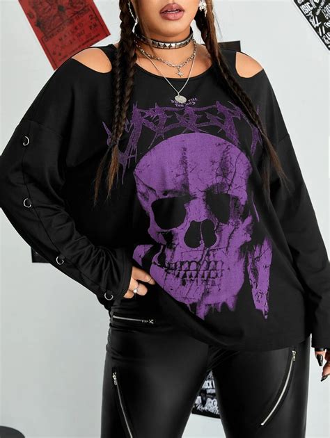 ROMWE PUNK Plus Skull Print Cold Shoulder Tee | SHEIN USA