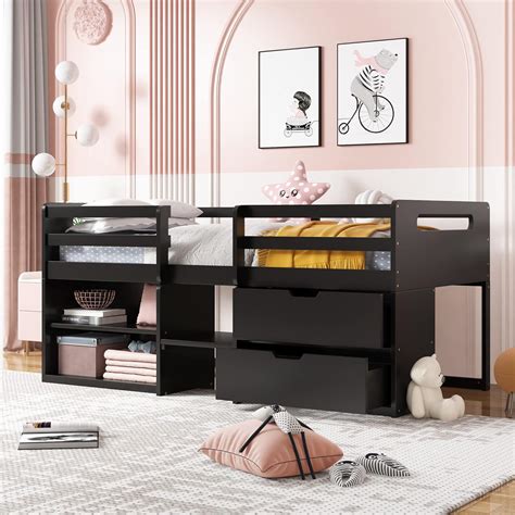 Buy Twin Size Low Loft Bed with Two Shelves and Two Drawers,Pinewood ...