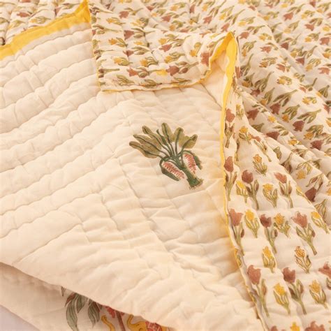 White Kerala Hand Block Print Cotton Quilt Set - Double Bed Queen, King ...