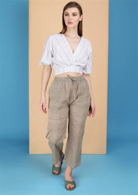 Overlap elasticated waist striped blouson made in natural fibre