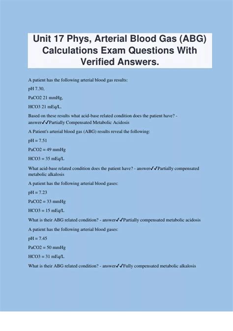 Unit 17 Phys, Arterial Blood Gas (ABG) Calculations Exam Questions With ...