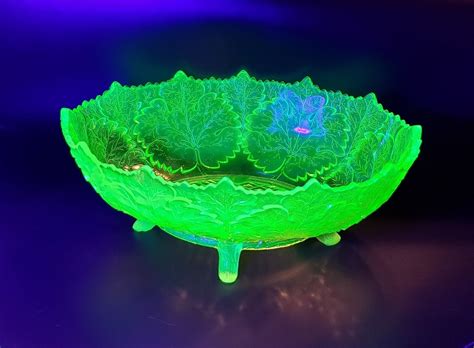 URANIUM Depression Vaseline Glass Large Footed Bowl Grape Leaf Fruit ...