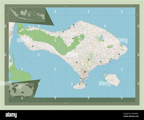 Bali, province of Indonesia. Open Street Map. Locations of major cities of the region. Corner ...