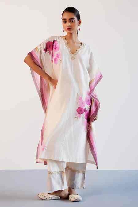 Buy Ivory Silk, Chanderi Embroidery, Zari V-neck Kaftan Pant Set For ...