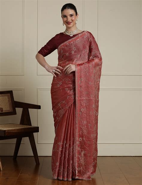 Embellished Saree With Unstitched Blouse in Peach – Sarha