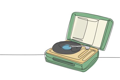 One single line drawing of retro old classic portable music turntable ...