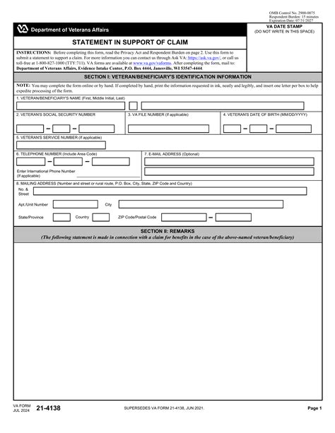 Fillable VA Form 21-4138 (2026) - Statement in Support of Claim