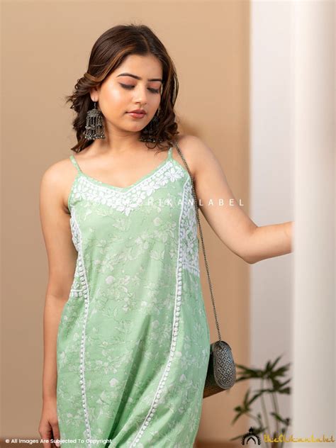 Fariha Cotton Chikankari Strappy Kurta Set - Green | The Chikan Label