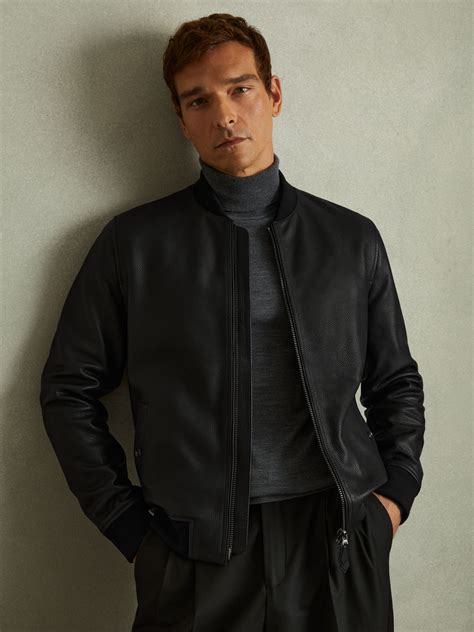 Reiss Cast Black Grained Leather Bomber Jacket - REISS