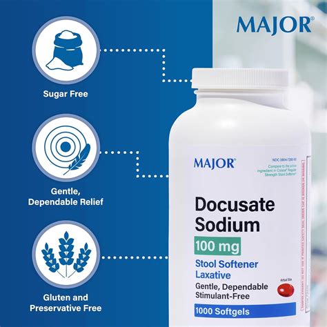 MAJOR Docusate Sodium 100 mg – Laxante em Softgels para Alívio de Constipação – 100 Contagens (3 ...