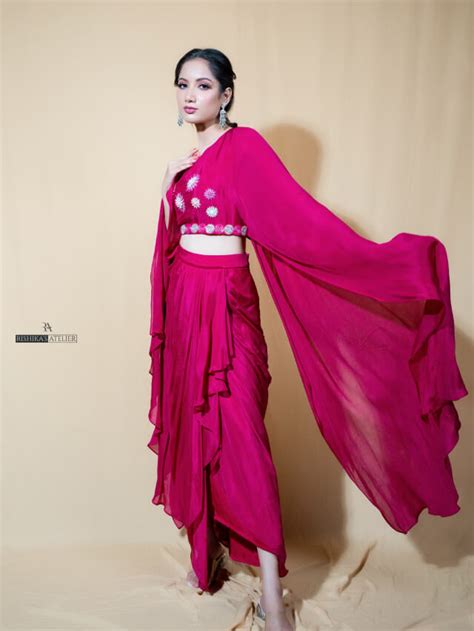 Rani pink embellished wings top paired with drape skirt – The Outfit Club